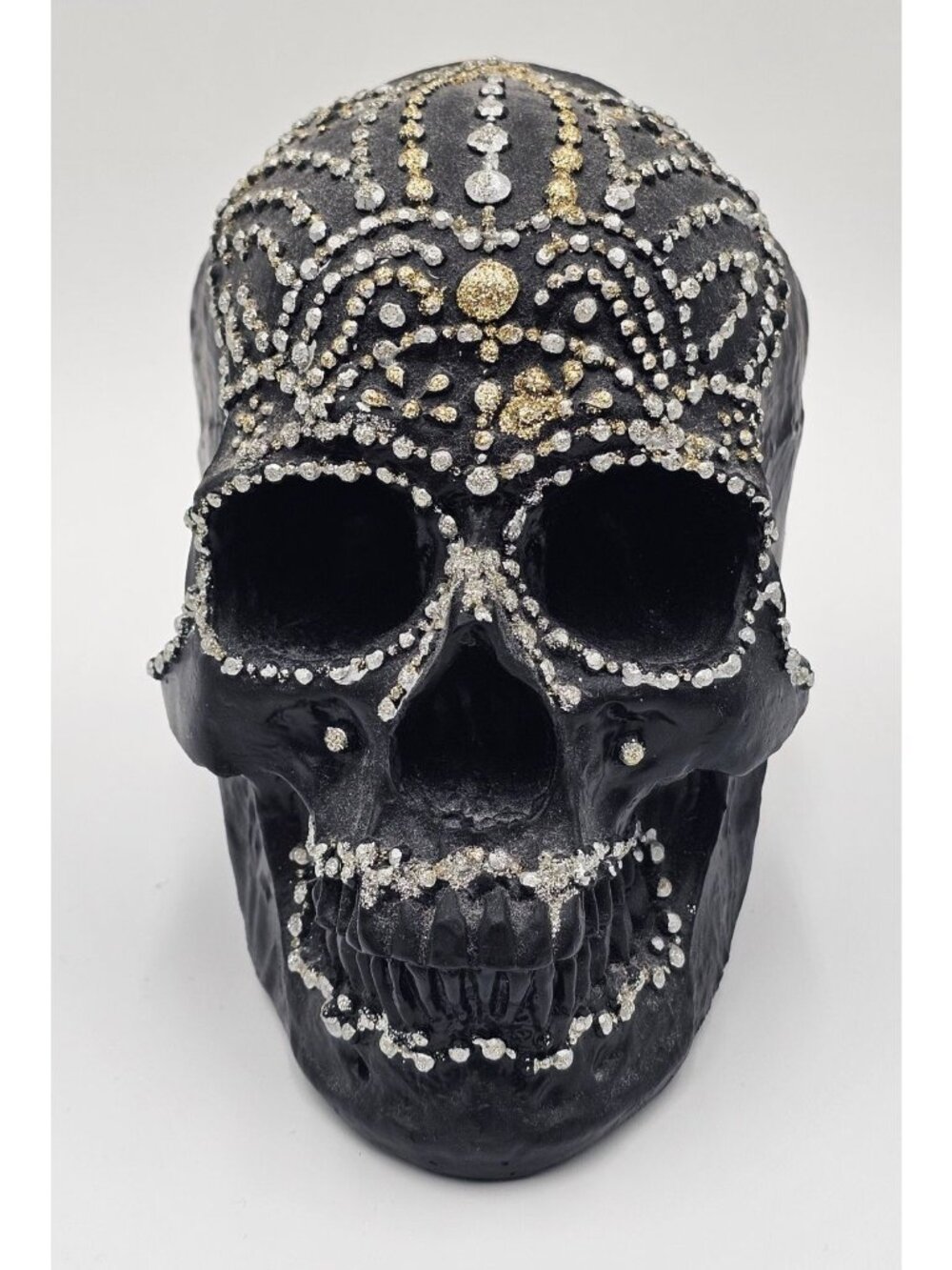 Handcrafted Black Skull Decor Gold & Silver Glitter Detail Gothic Halloween